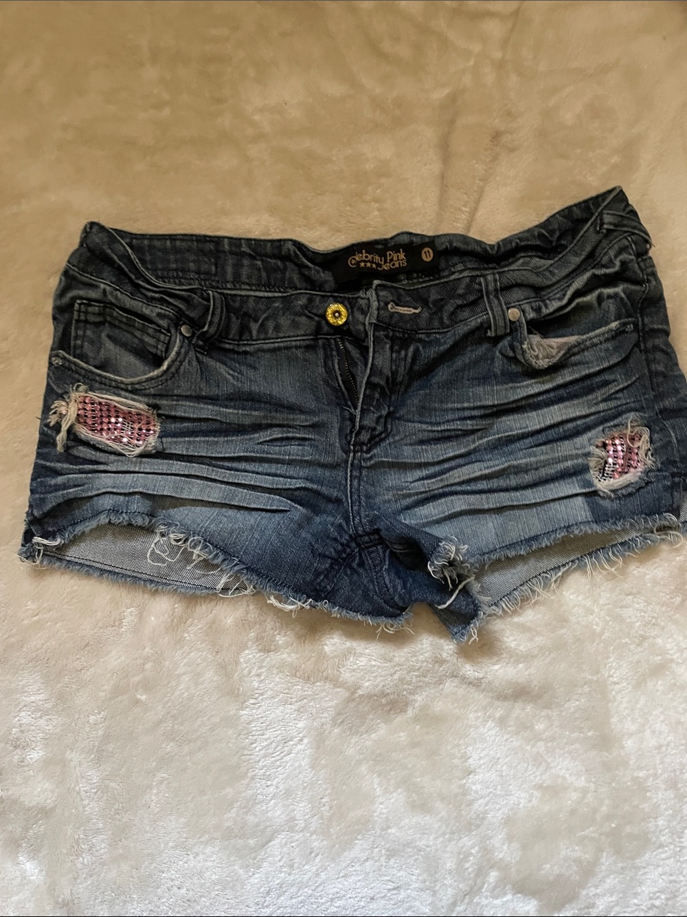 Celebrity Pink Indigo Distressed Jean Shorts with Pink Sequin Patches